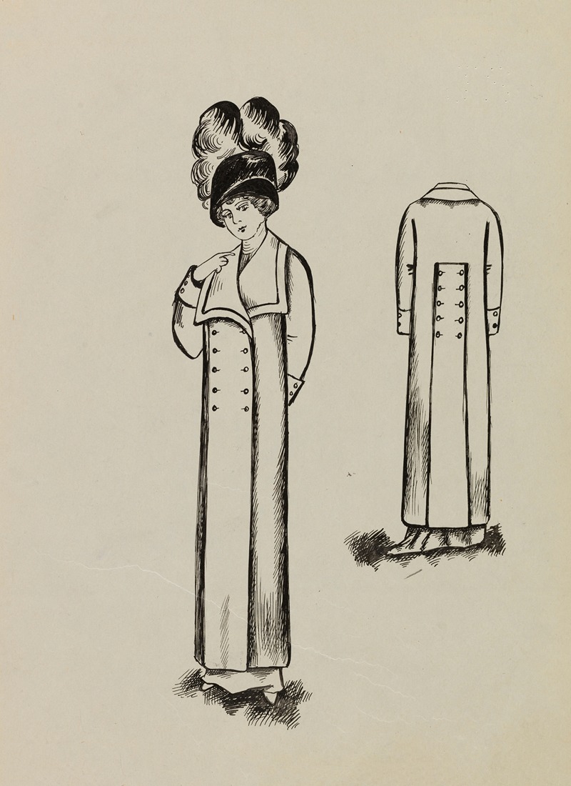 Anonymous - Figure de femme de trois quarts portant un manteau sur une robe longue et un grand chapeau