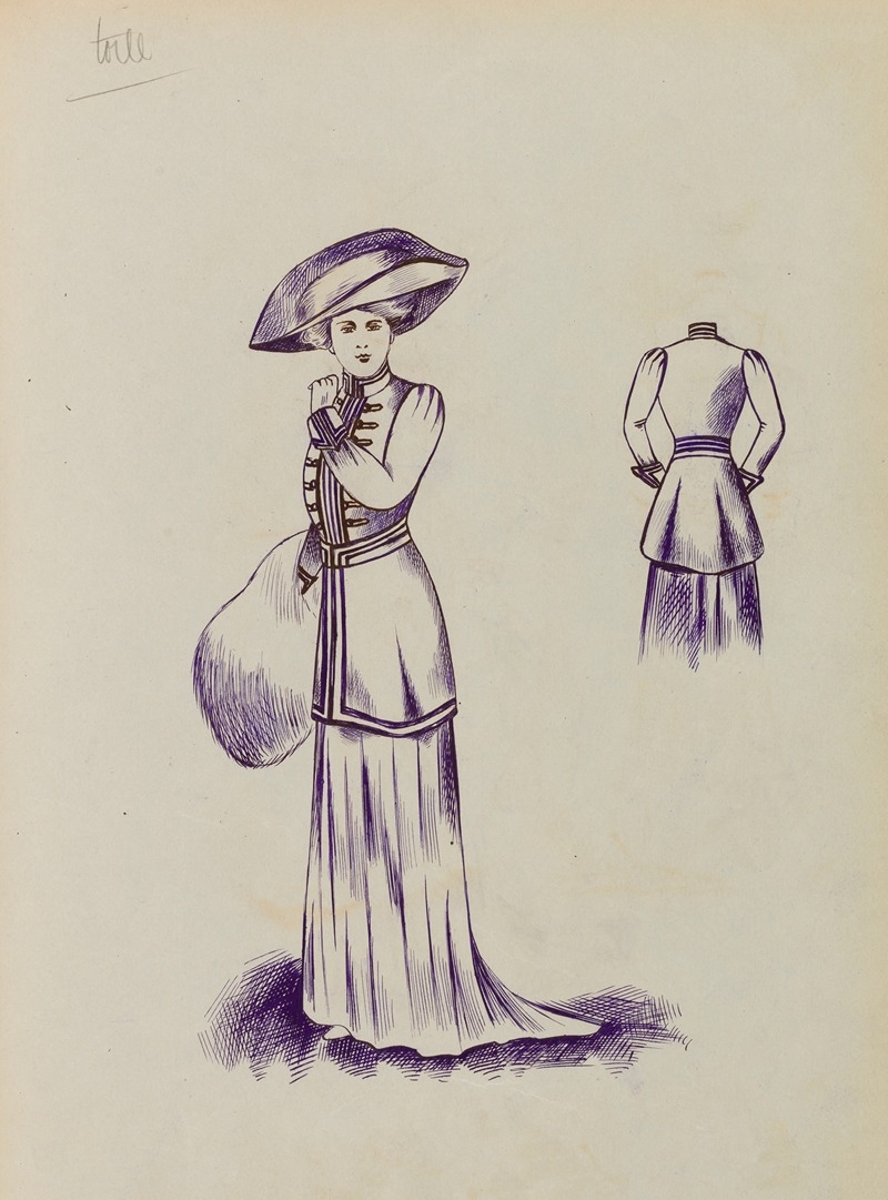 Anonymous - Figure de femme de trois-quart portant un manteau court sur robe longue, un manchon de fourrure et un grand chapeau