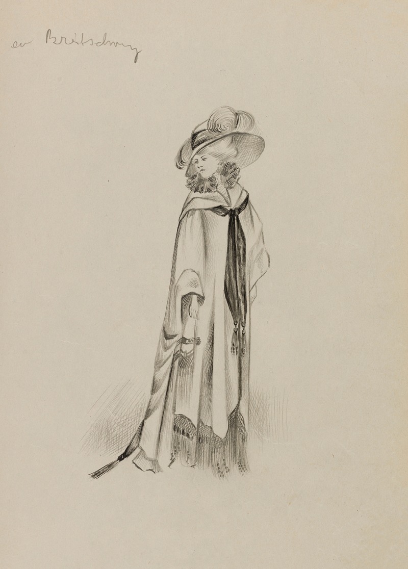 Anonymous - Figure de femme de trois-quart portant un manteau sur robe longue et un grand chapeau 1