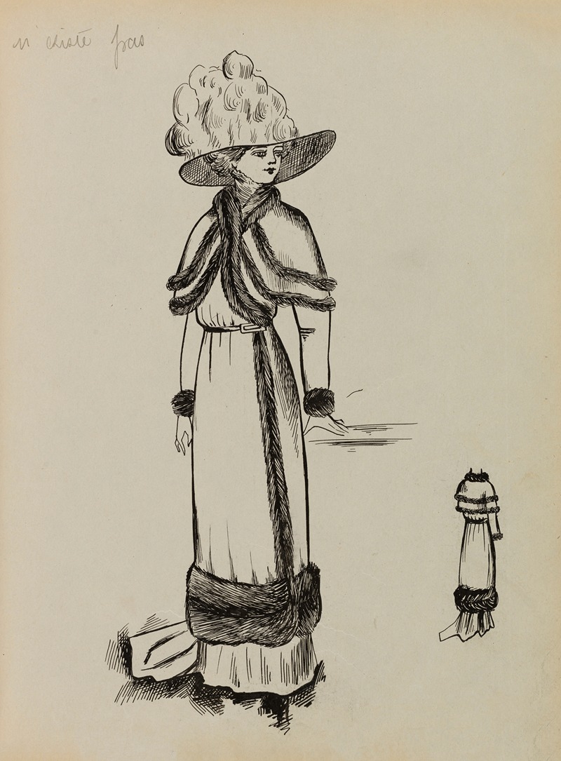 Anonymous - Figure de femme de trois-quart portant un manteau sur robe longue et un grand chapeau 10