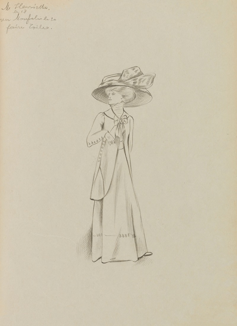 Anonymous - Figure de femme de trois-quart portant un manteau sur robe longue et un grand chapeau 2