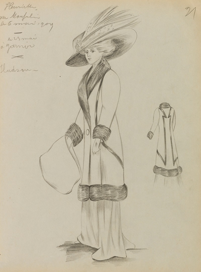 Anonymous - Figure de femme de trois-quart portant un manteau sur robe longue et un grand chapeau 3