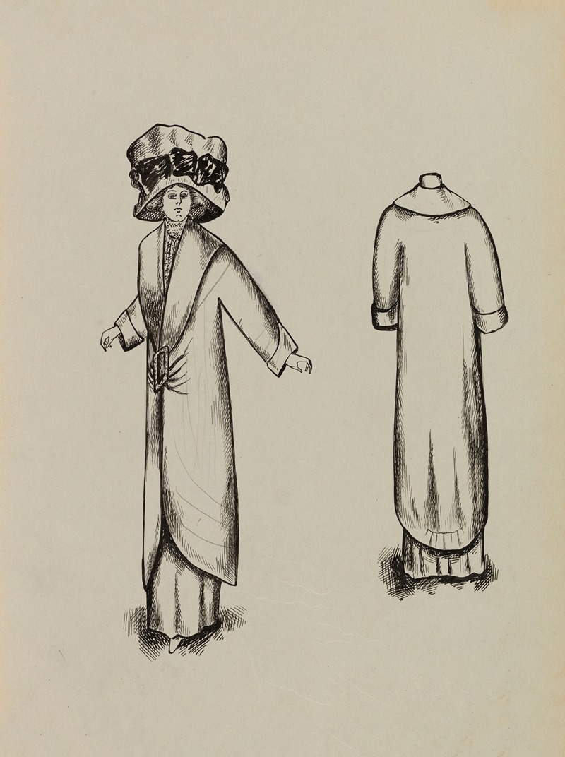 Anonymous - Figure de femme de trois-quart portant un manteau sur robe longue et un grand chapeau 4