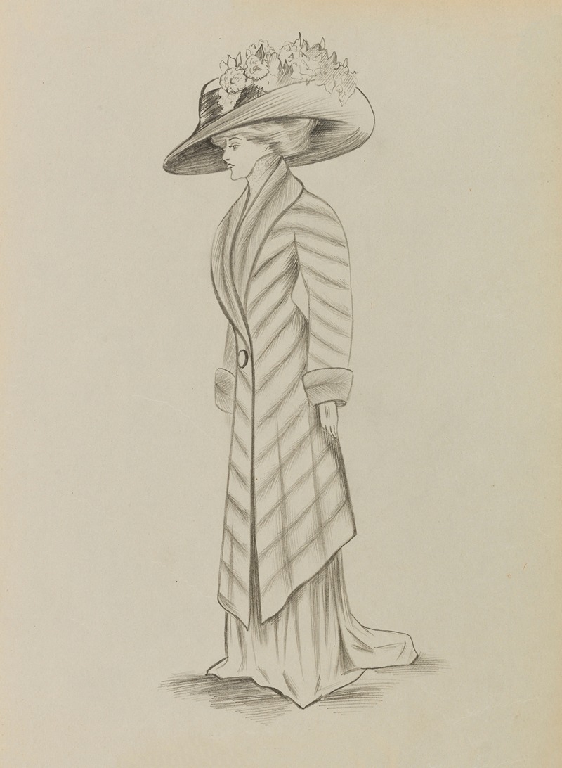 Anonymous - Figure de femme de trois-quart portant un manteau sur robe longue et un grand chapeau 5