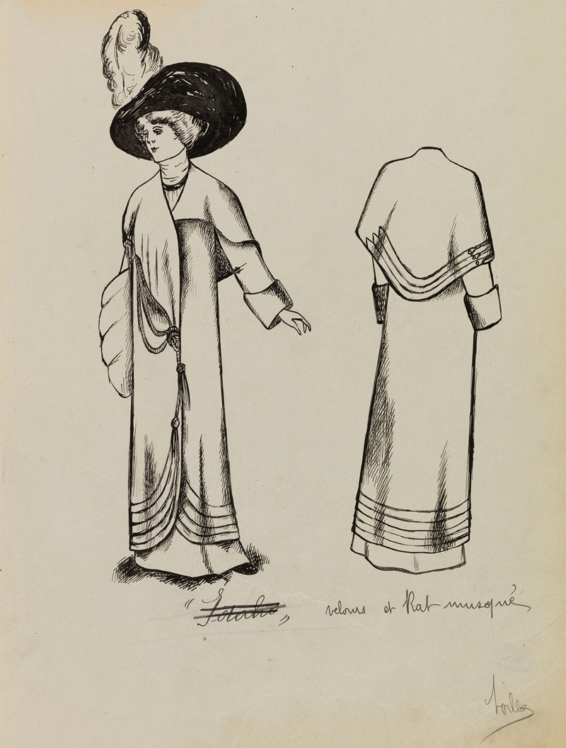 Anonymous - Figure de femme de trois-quart portant un manteau sur une robe longue et un grand chapeau