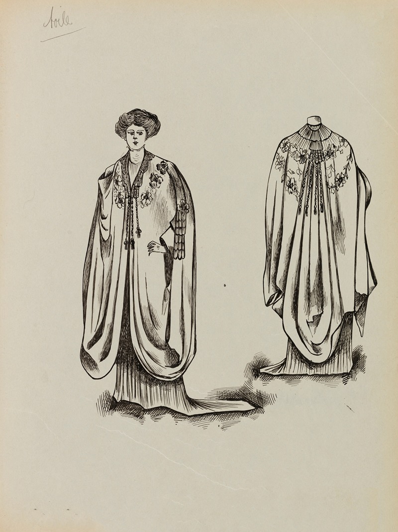 Anonymous - Figure de femme de trois-quart portant une cape brodée sur robe longue