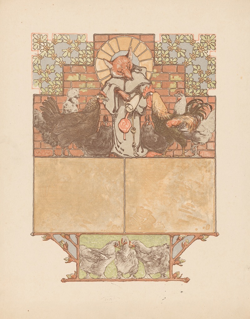 Bernard Willem Wierink - Fox in monk’s habit (Reinaert) surrounded by chickens and rooster (Cantecleer)