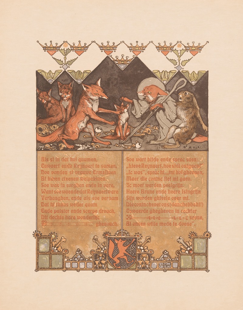 Bernard Willem Wierink - Fox in monk’s habit (Reinaert) with hare (Cuwaert) near fox (Hermeline) and cubs in fox den