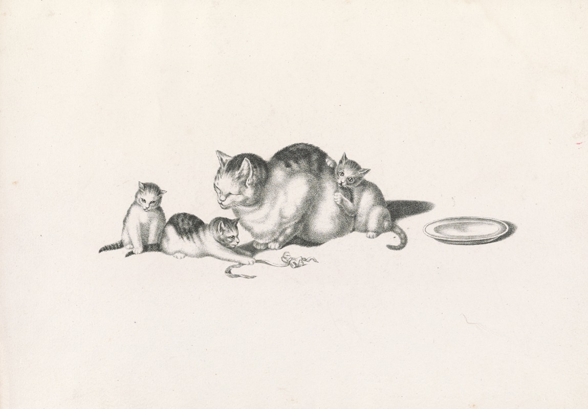 Joseph Brodtmann - Domestic cat napping with three playful kittens and a saucer on the right