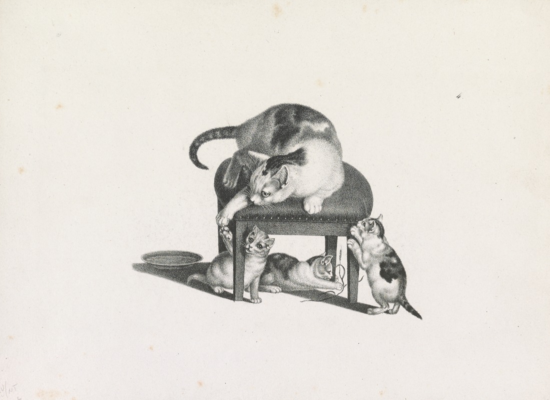 Joseph Brodtmann - Domestic cat on a stool playing with three kittens