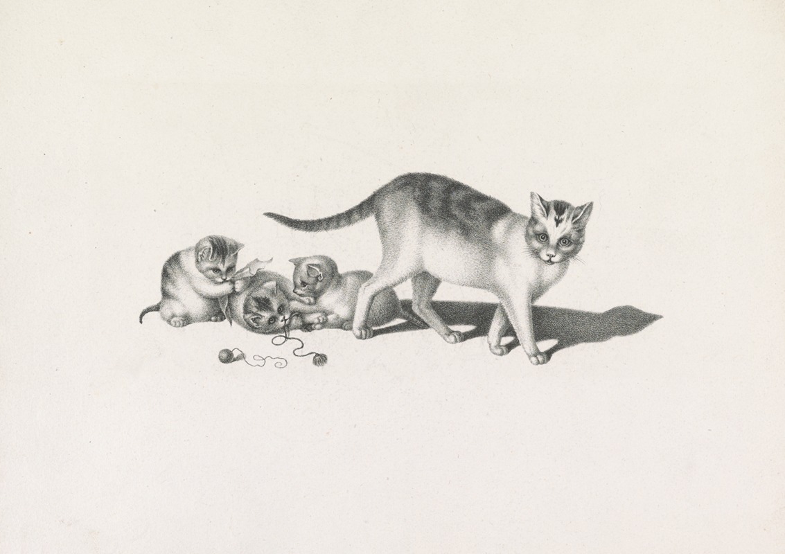 Joseph Brodtmann - Domestic cat with three kittens, playing