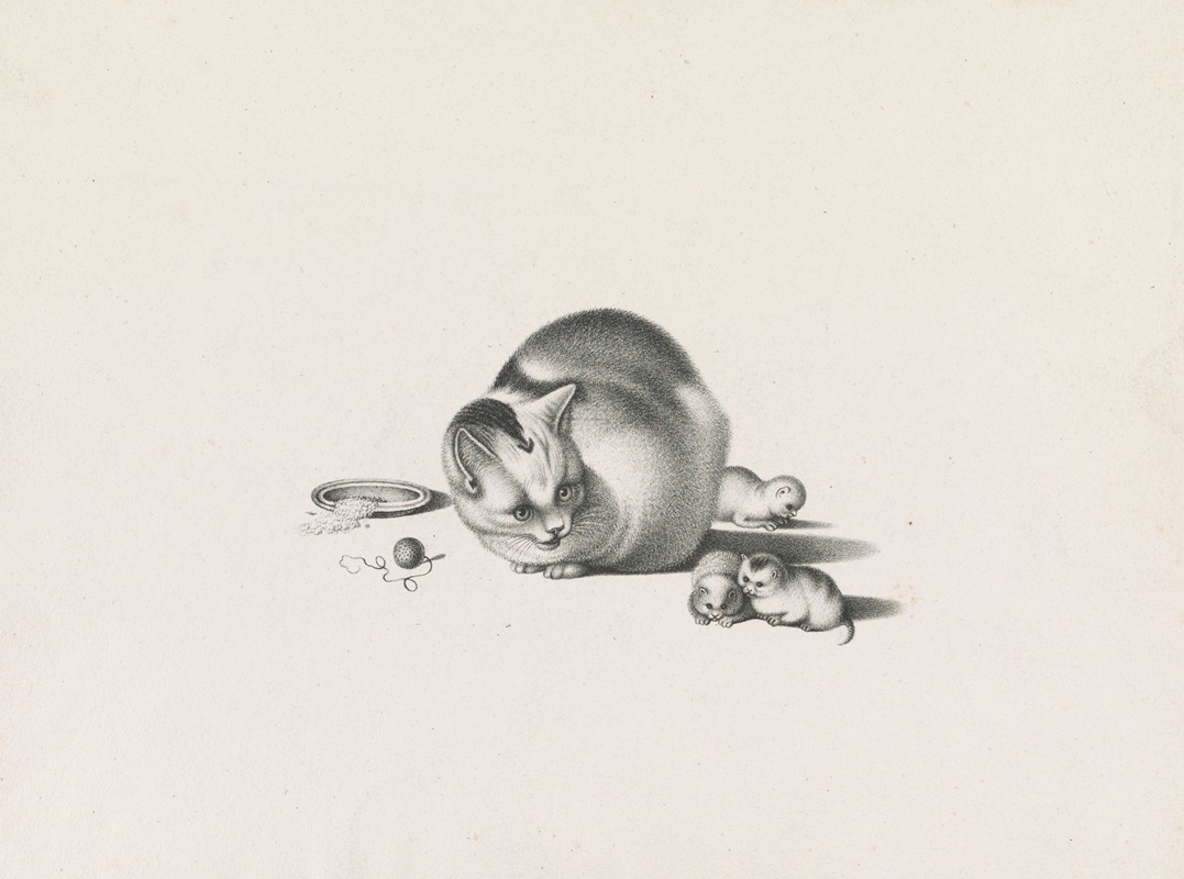 Joseph Brodtmann - Domestic cat with three newborn kittens and a saucer of food on the left