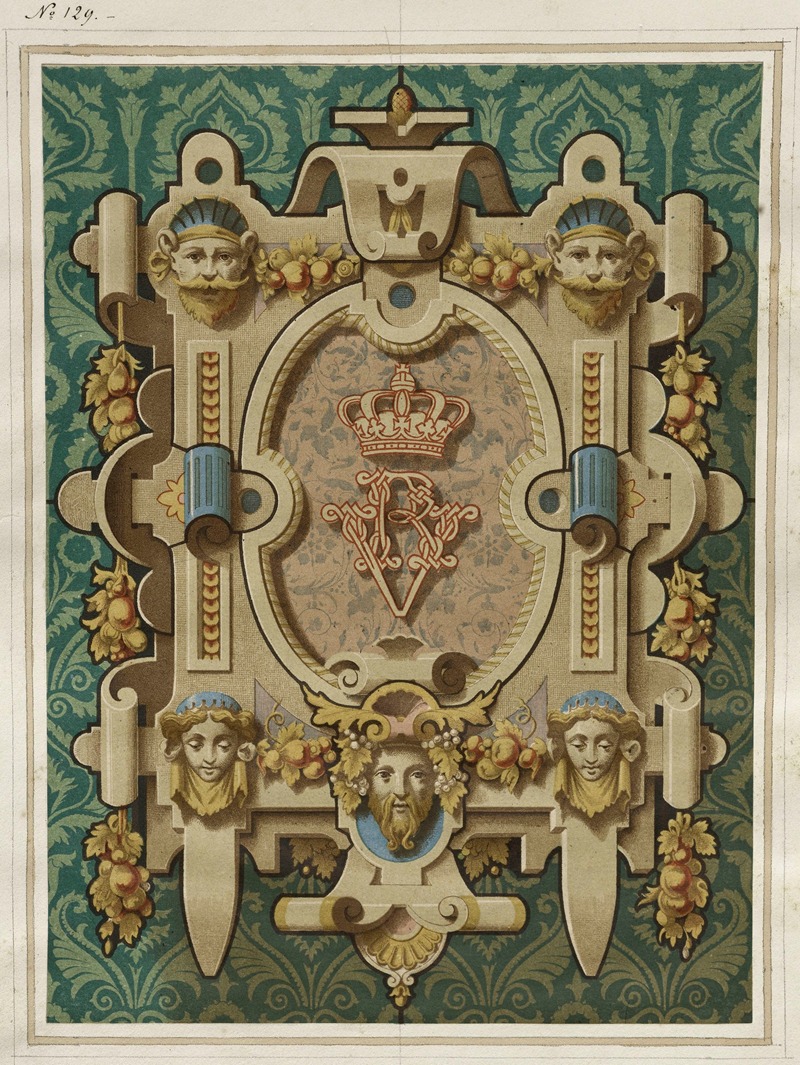 Laurent Gsell - Cartouche néo-renaissance à cuirs et mascarons, monogramme VR surmonté d’une couronne royale