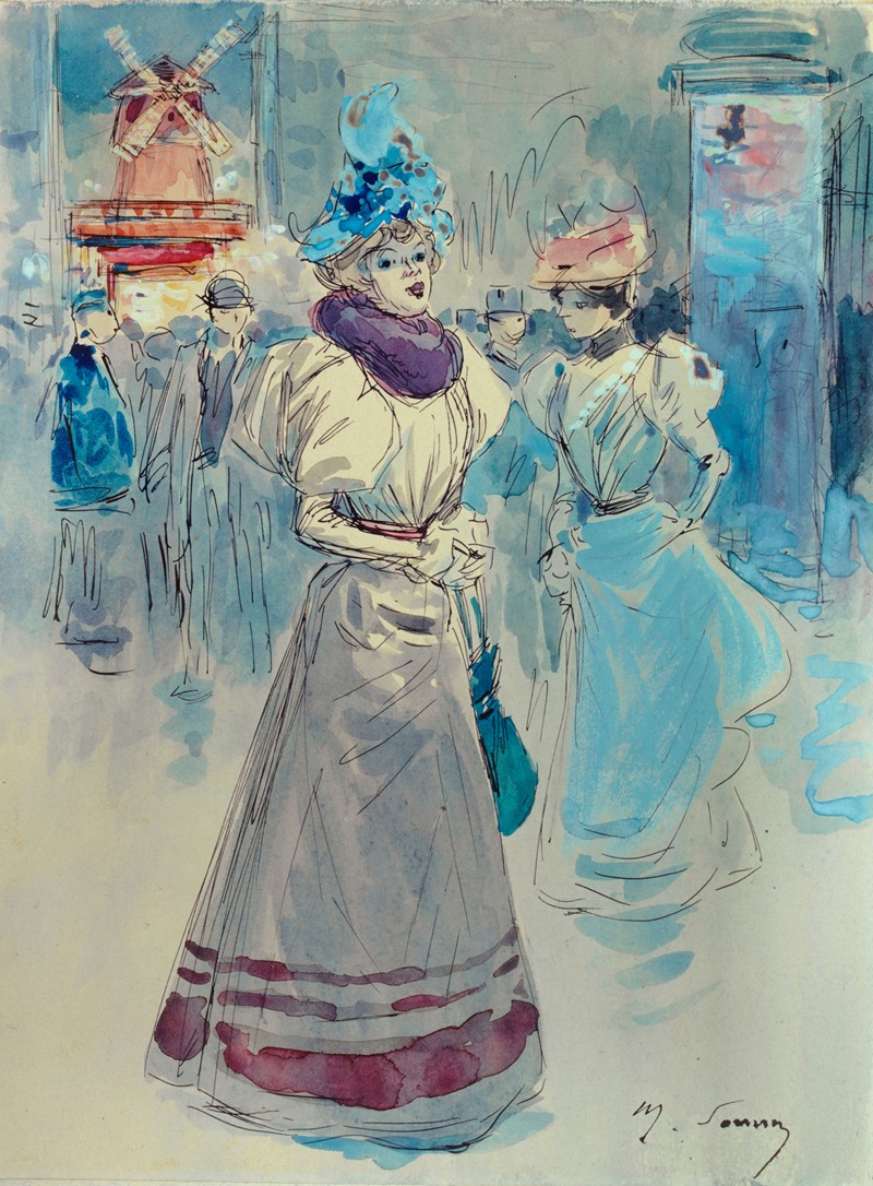 Henri Somm - Elégante au chapeau bleu devant le Moulin Rouge, place Blanche, 18ème arrondissement