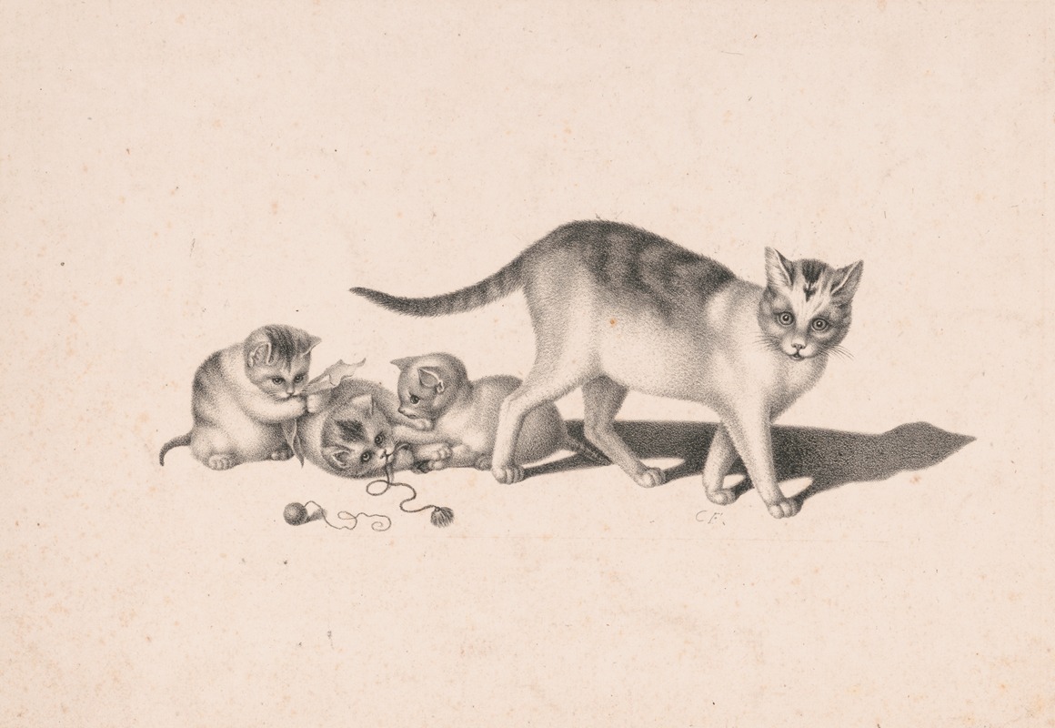 Charles Fenderich - Cat and three kittens playing with string and paper