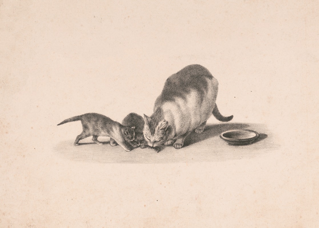 Charles Fenderich - Cat and two kittens, with a mouse