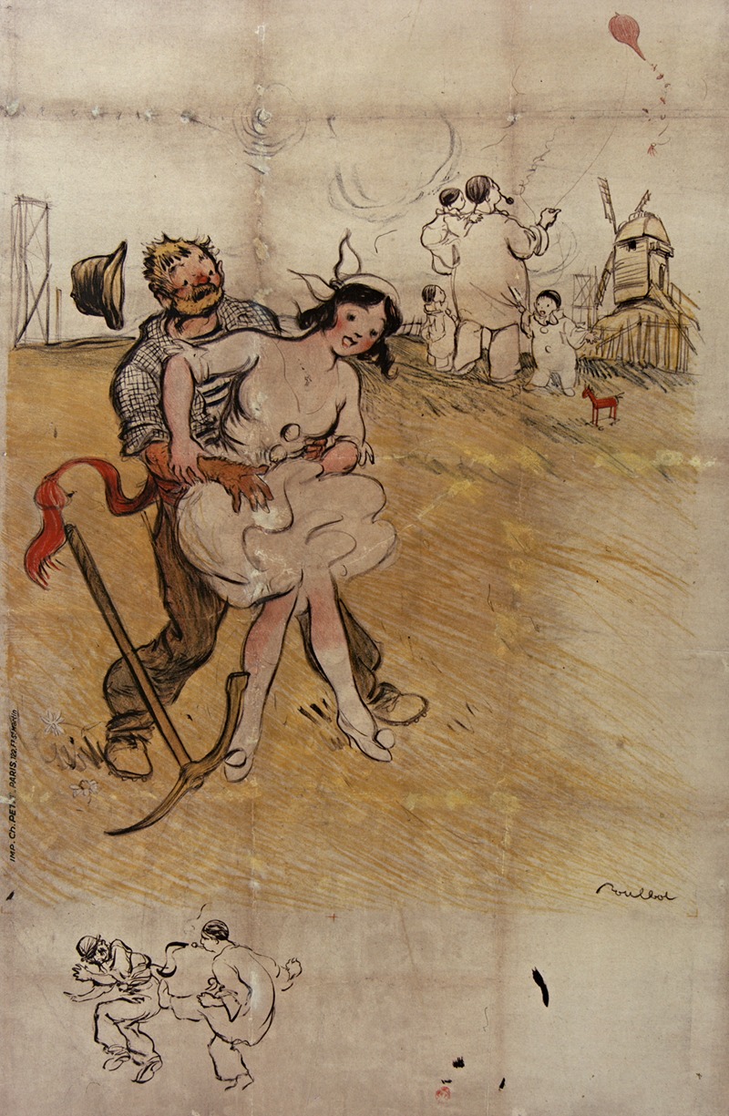 Francisque Poulbot - Le Terrassier et la meunière du Moulin de la Galette affiche avant la lettre