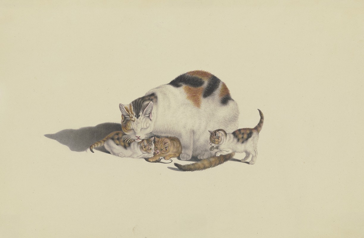 Gottfried Mind - White cat, black and reddish brown spotted, with her three kittens playing with a mouse