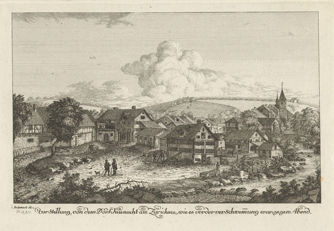 Johann Jakob Aschmann - Vorstellung, von dem Dorf Küsnacht am Zürichsee, wie es vor der verschwemmung war gegen Abend