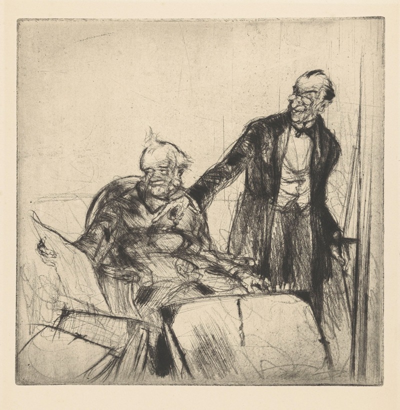 Armand Coussens - Seated print collector surrounded by portolios, next to him a standing man