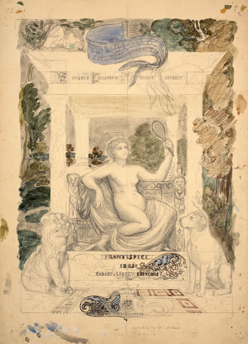 Félix Bracquemond - Woman holding a mirror flanked by a lion and a dog, study for the frontispiece of the Société des aquafortistes