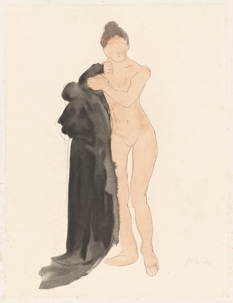 Auguste Rodin - Female nude, standing, holding long black cape at her right with left hand