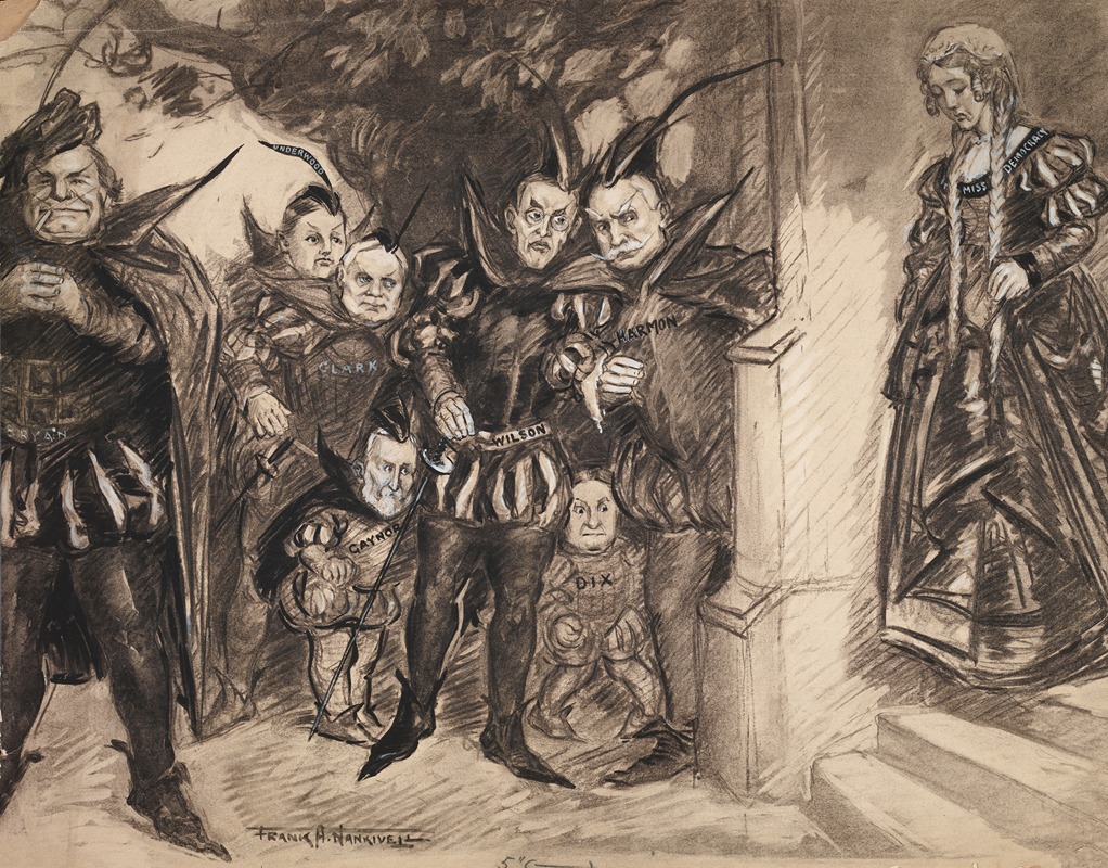 Frank Arthur Nankivell - Several men dressed as villains with rapiers, waiting for innocent Miss Democracy as she comes down the stairs