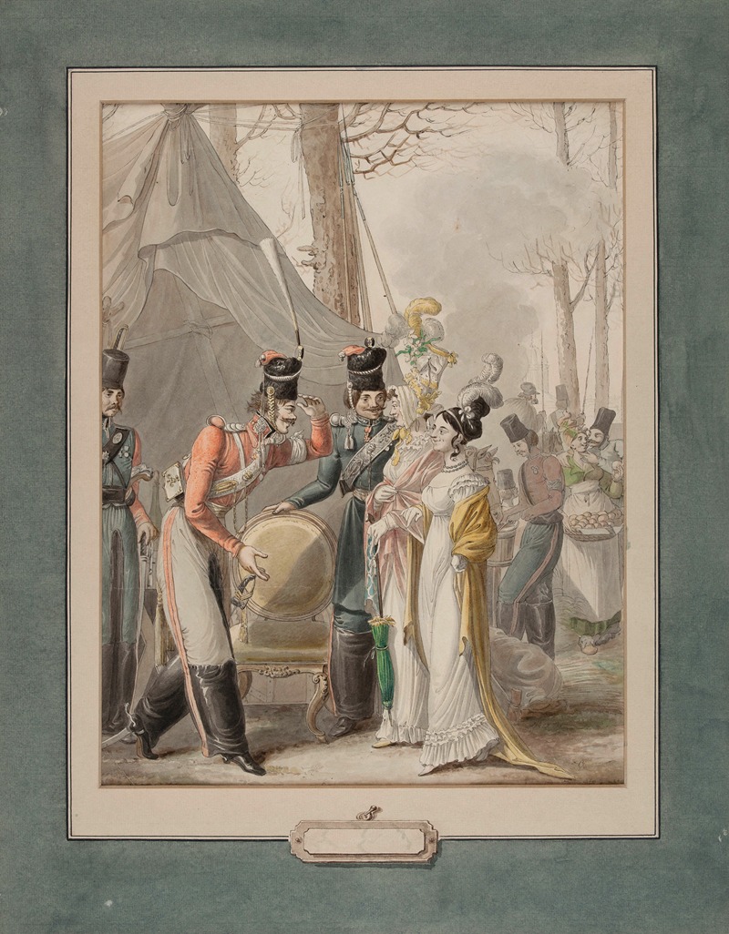 George Emmanuel Opiz ou Opitz - Occupation russe à Paris des soldats russes courtisent des promeneuses, au milieu d’un campement