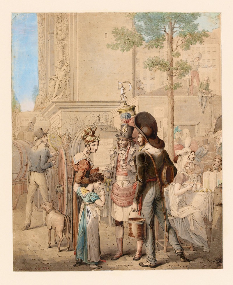 George Emmanuel Opiz ou Opitz - Porte Saint-Denis le château d’eau, le marchand de coco, le porteur d’eau et la limonadière