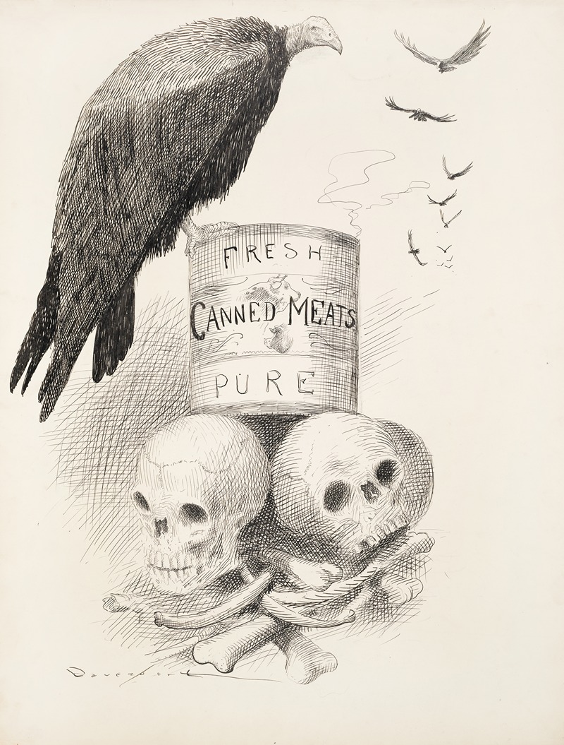 Homer Davenport - A can of ‘Fresh Canned Meats’ sits on top of human bones. Vultures circle the can, and one sits on it.