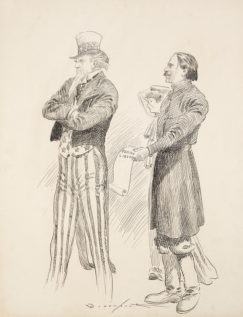 Homer Davenport - A man and woman try to give a scroll labeled ‘Russian Liberty’ to Uncle Sam, but he turns his back and will not take it.