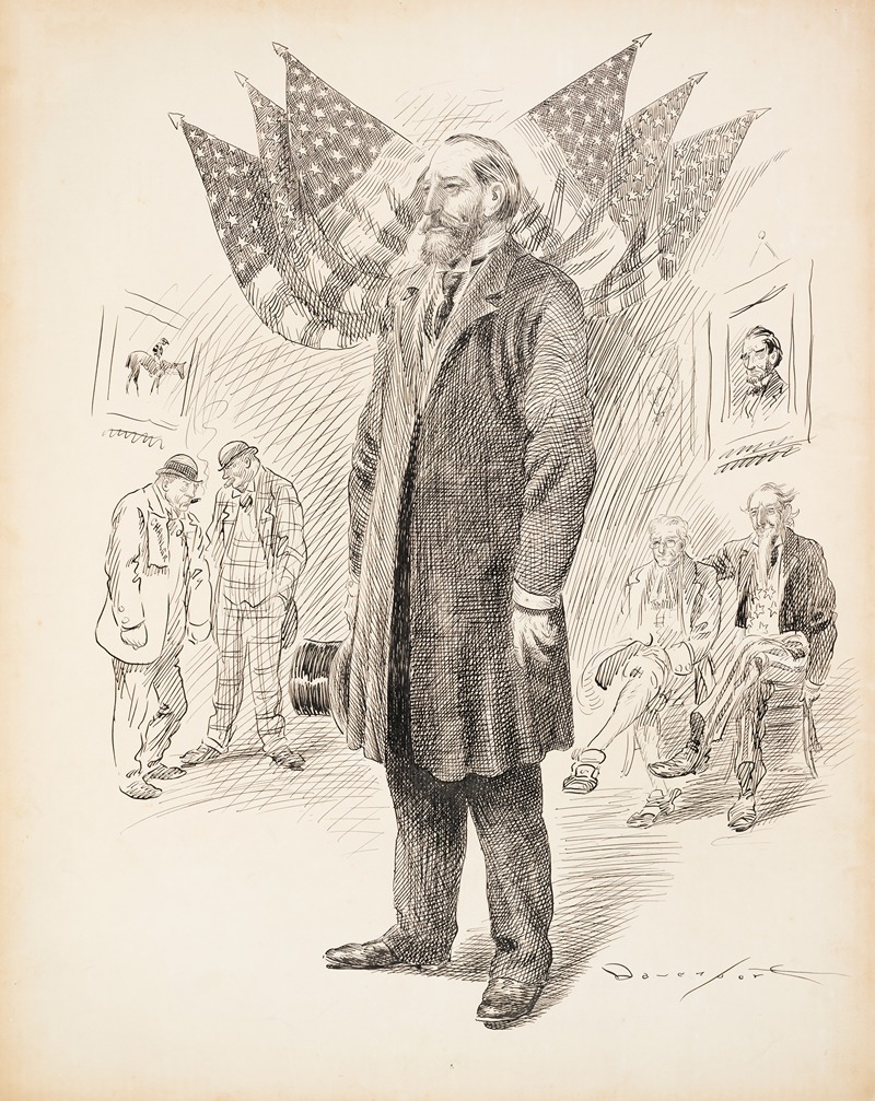 Homer Davenport - A man in a suit stands in the center with American flags behind him