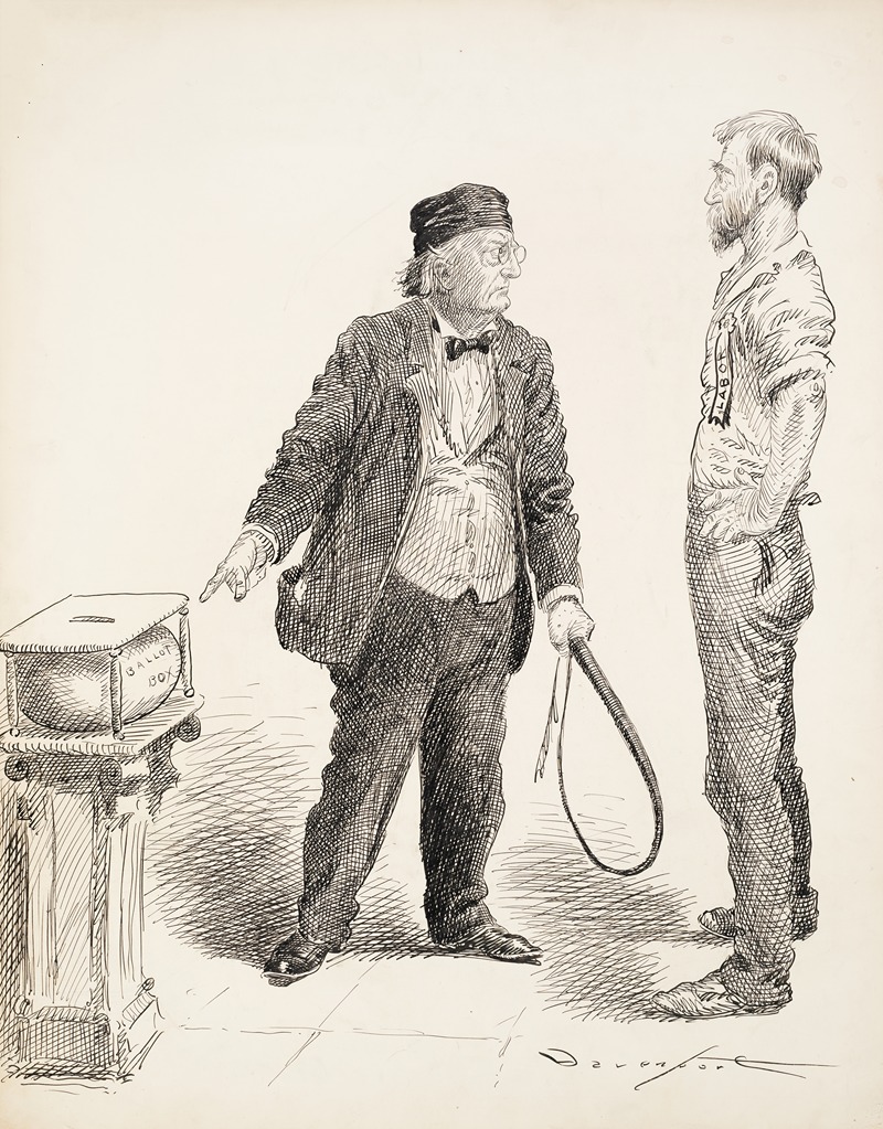 Homer Davenport - A man in a suit, with a whip in his hand, orders a man representing labor to put his vote in the ballot box.