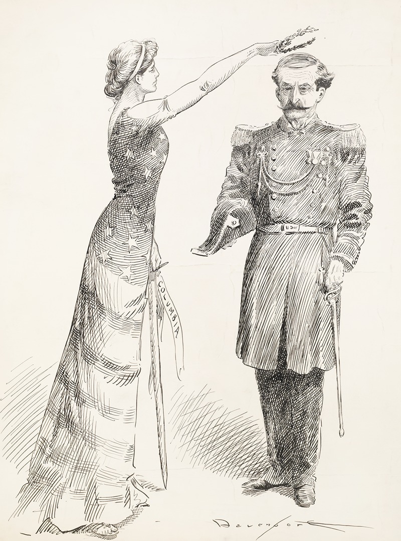 Homer Davenport - A woman representing Columbia, with a stars and stripes dress, puts a laurel wreath on the head of a man in a military uniform.