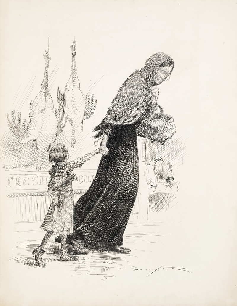 Homer Davenport - A worn woman with an empty shopping basket pulls a young girl passed a shop with fresh foul for sale.