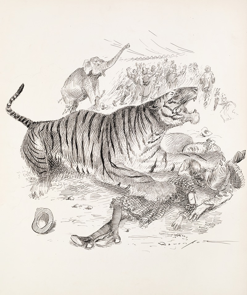 Homer Davenport - At a circus, a tiger holds a woman and a girl under its paws, and an elephant steps on another woman