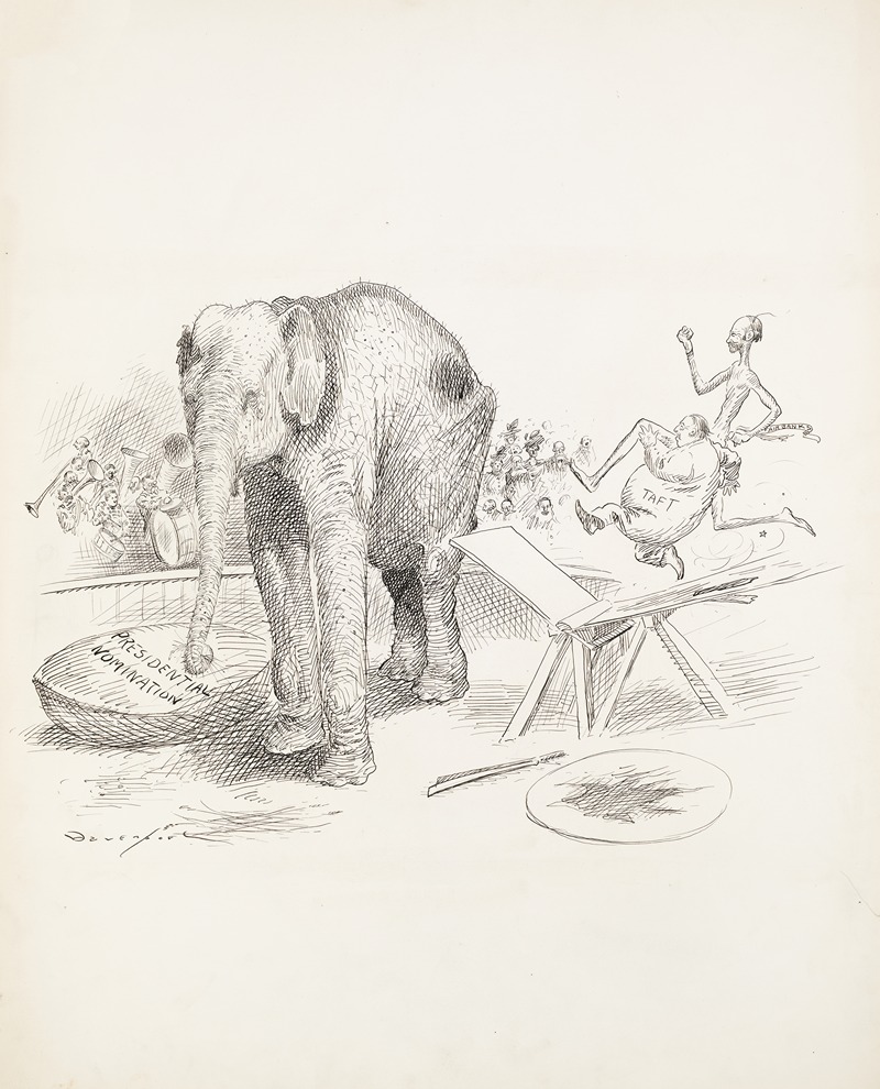 Homer Davenport - At a circus, Taft and Fairbanks run on a ramp to try to jump over an elephant and land in a bowl labeled ‘Presidential Nomination’