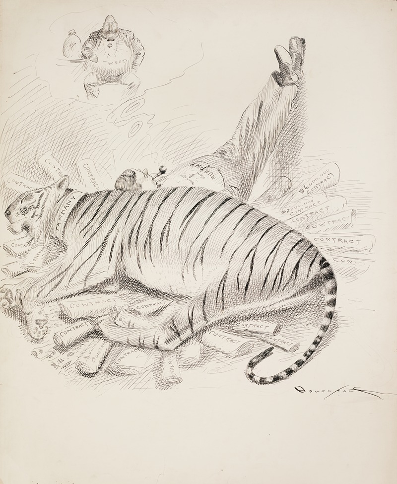 Homer Davenport - Murphy rests leaning against a large tiger, representing Tammany Hall