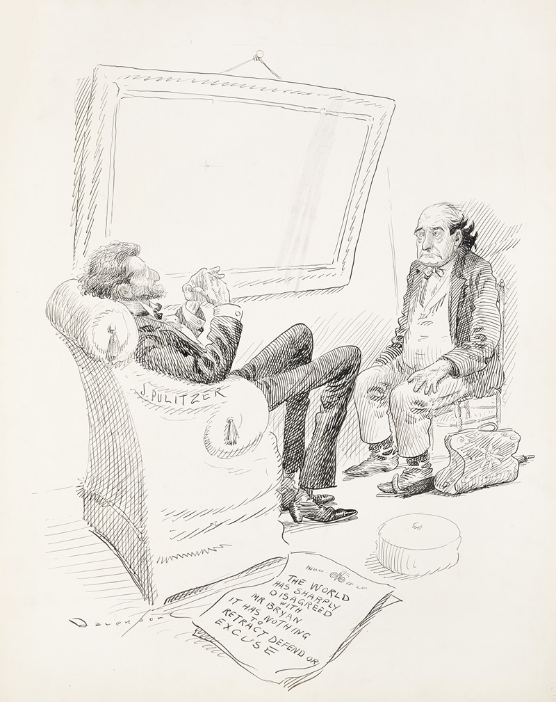 Homer Davenport - Newspaper publisher J. Pulitzer sits with William Jennings Bryan, who is frowning