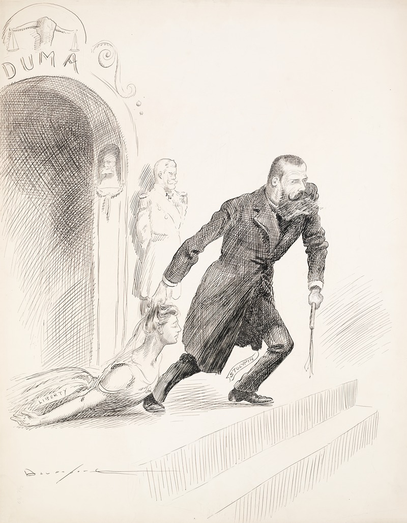 Homer Davenport - Pyotr Stoylpin, a Russian politician drags a woman representing Liberty by the hair from a building