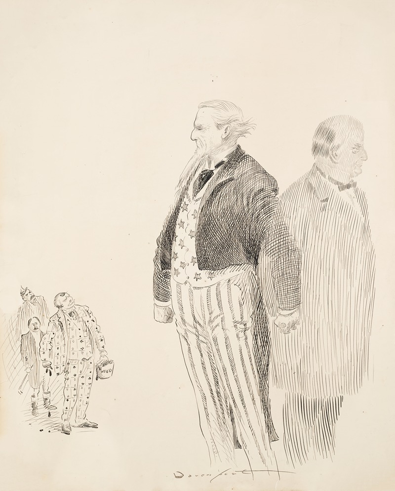 Homer Davenport - Uncle Sam stands guard between a gentleman and three men lead by a man carrying a bucket of mud and wearing a suit made of cards.