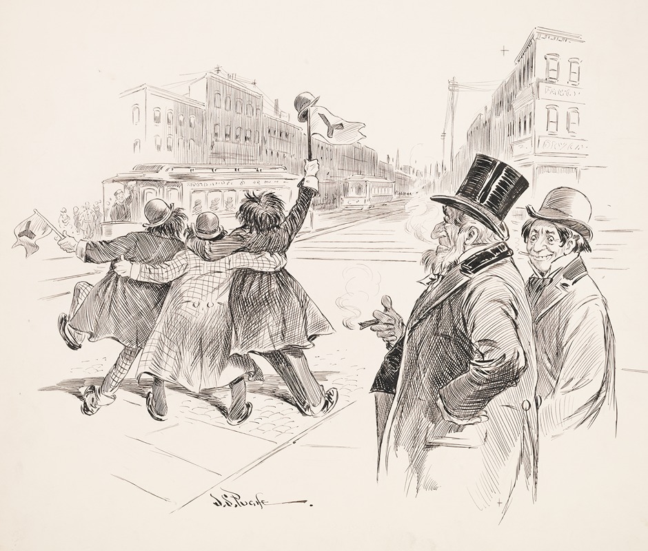 John Samuel Pughe - Three drunken Yalies wave down the street as elder man and grinning young man look on.