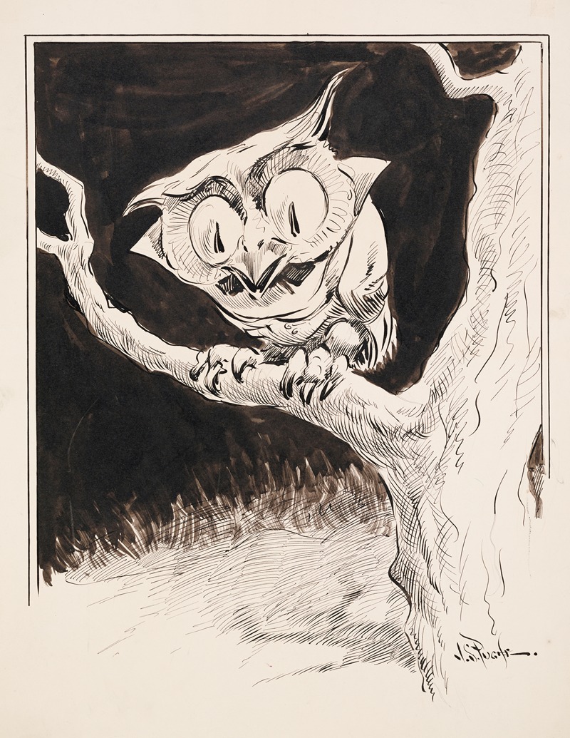 John Samuel Pughe - Wide-eyed owl on branch