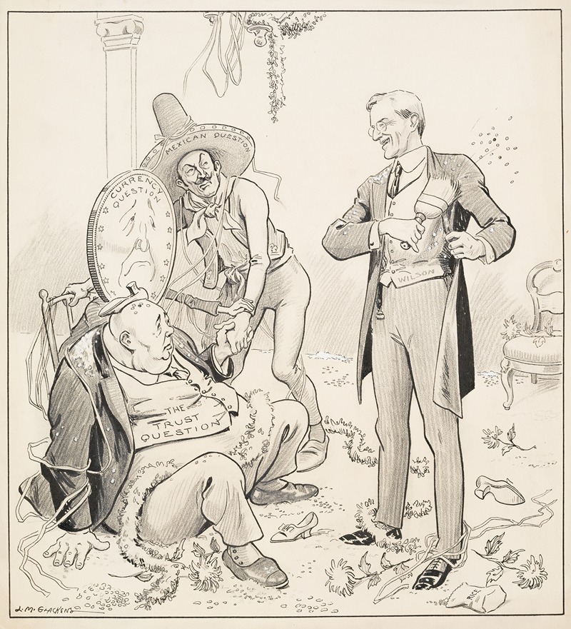 Louis Glackens - A smiling President Woodrow Wilson brushes himself off after a wedding party and addresses three tired figures