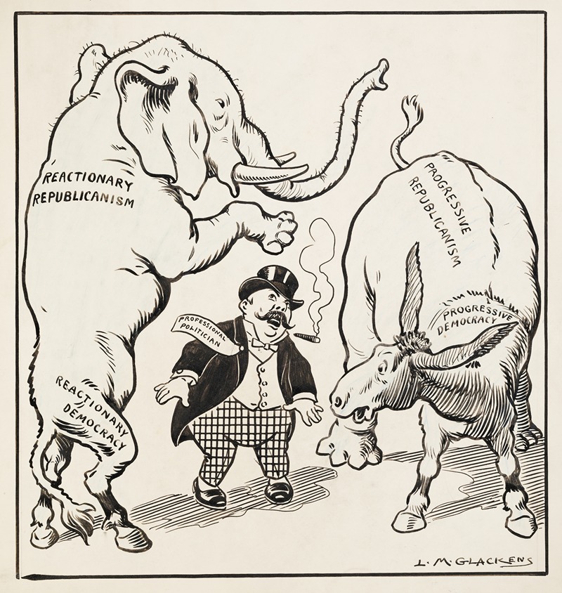 Louis Glackens - Professional politician stands between two composite animals