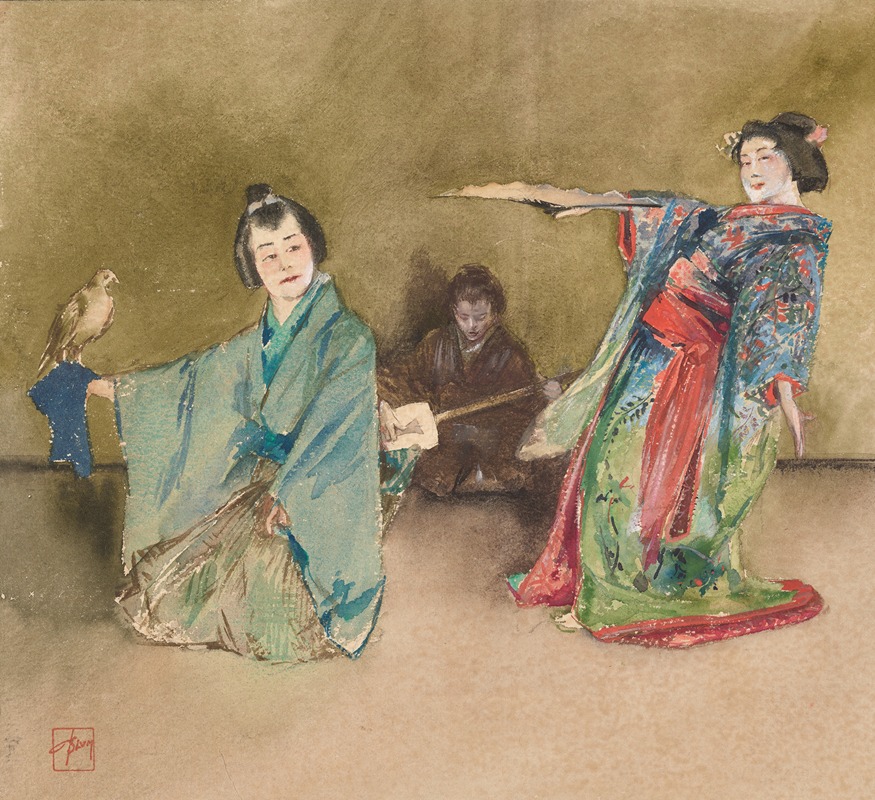 Robert Frederick Blum - Japonica illustration, with falconer and geisha