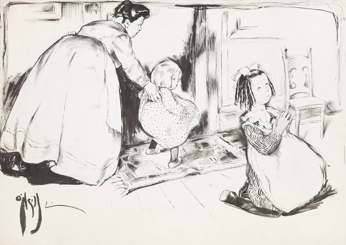 Rose Cecil O'Neill - A young girl kneels to pray, while behind her a woman guides a younger girl towards an empty chair.