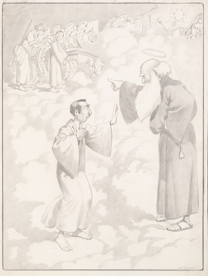 Samuel Ehrhart - Saint Peter directs a reluctant man toward Heaven where an angel applies wings and distributes harps.