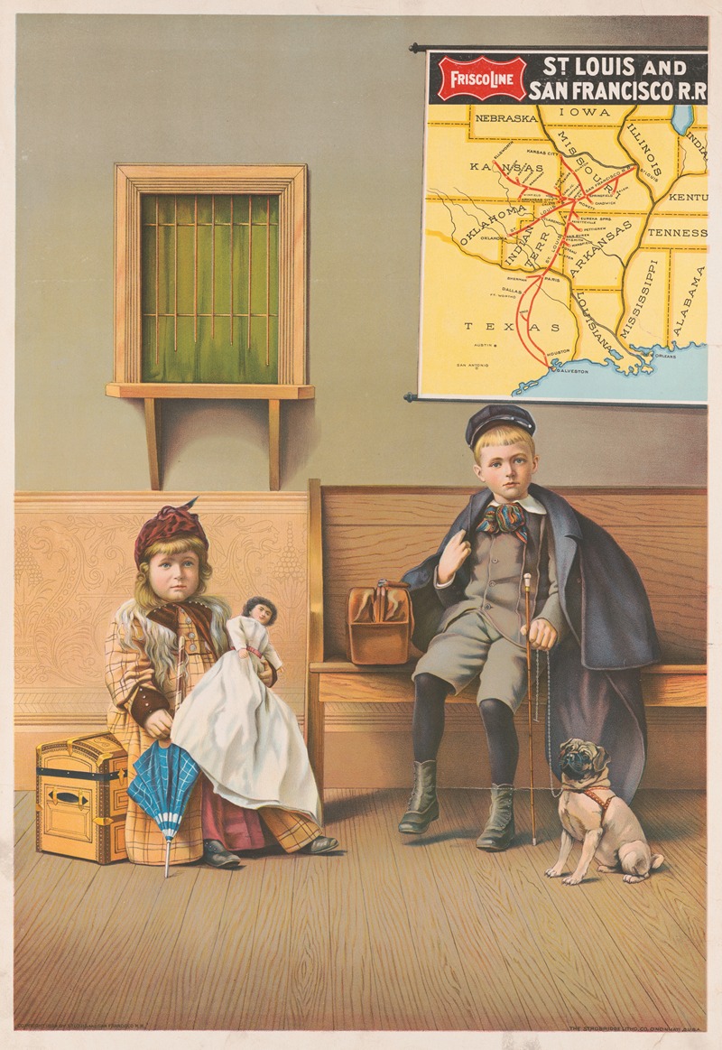 Strobridge & Co. Lith. - Girl holding doll and boy with dog in waiting room at railroad station