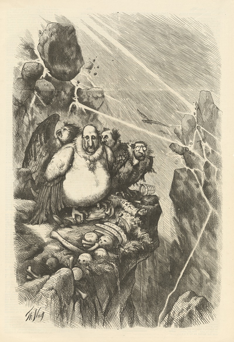 Thomas Nast - A group of vultures waiting for the storm to ‘blow over’ — ‘let us prey’.